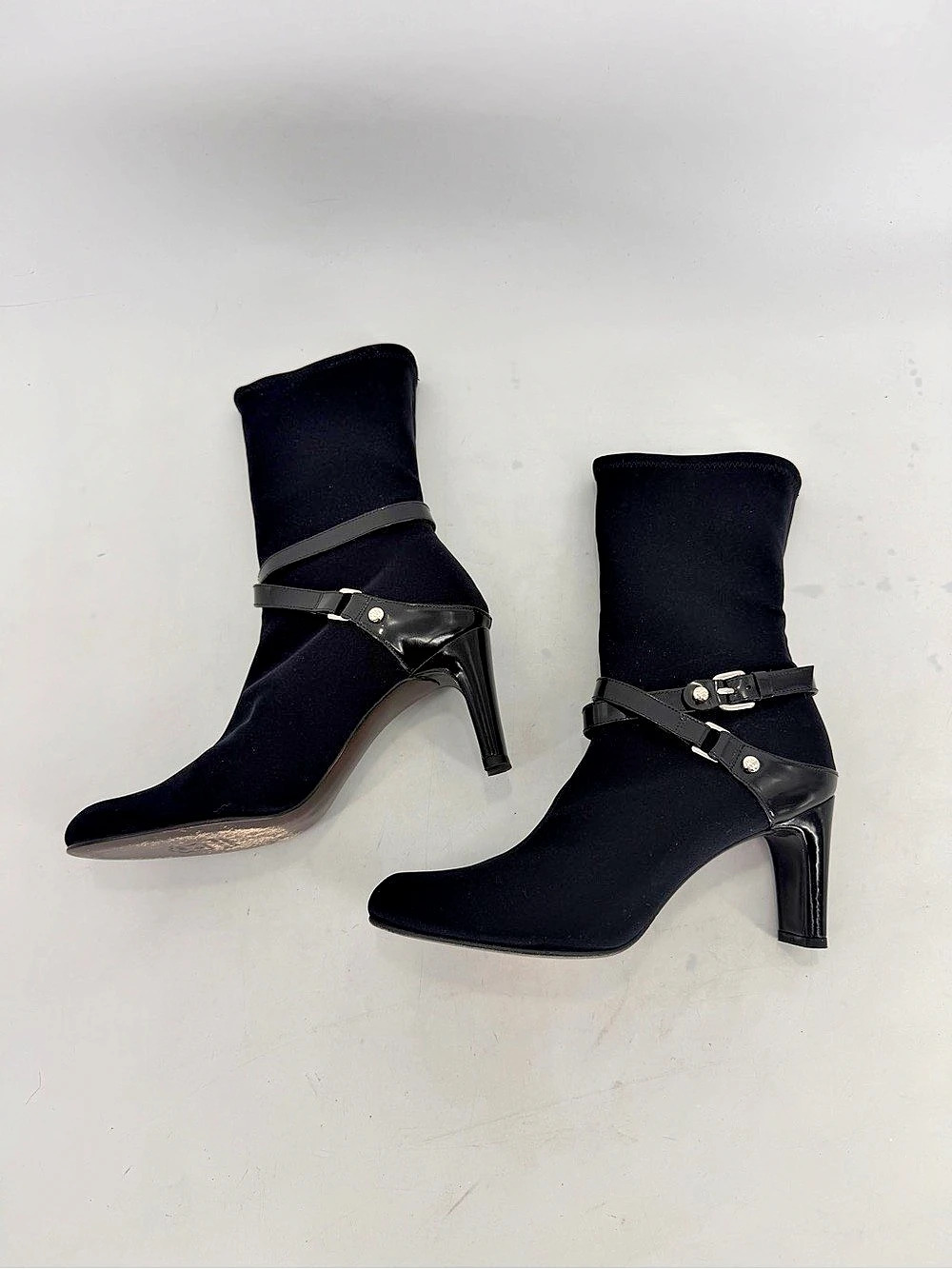 Stuart Weitzman Black Sock Heeled Wrap Strap Boots US 7
